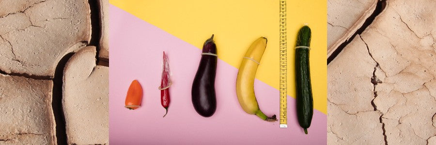 A range of condoms clearly not fitting on vegetables properly
