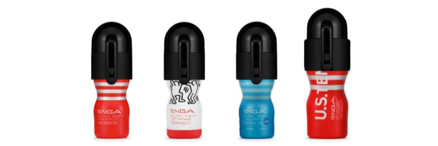 TENGA Vacuum Controller attached to various TENGA CUPs