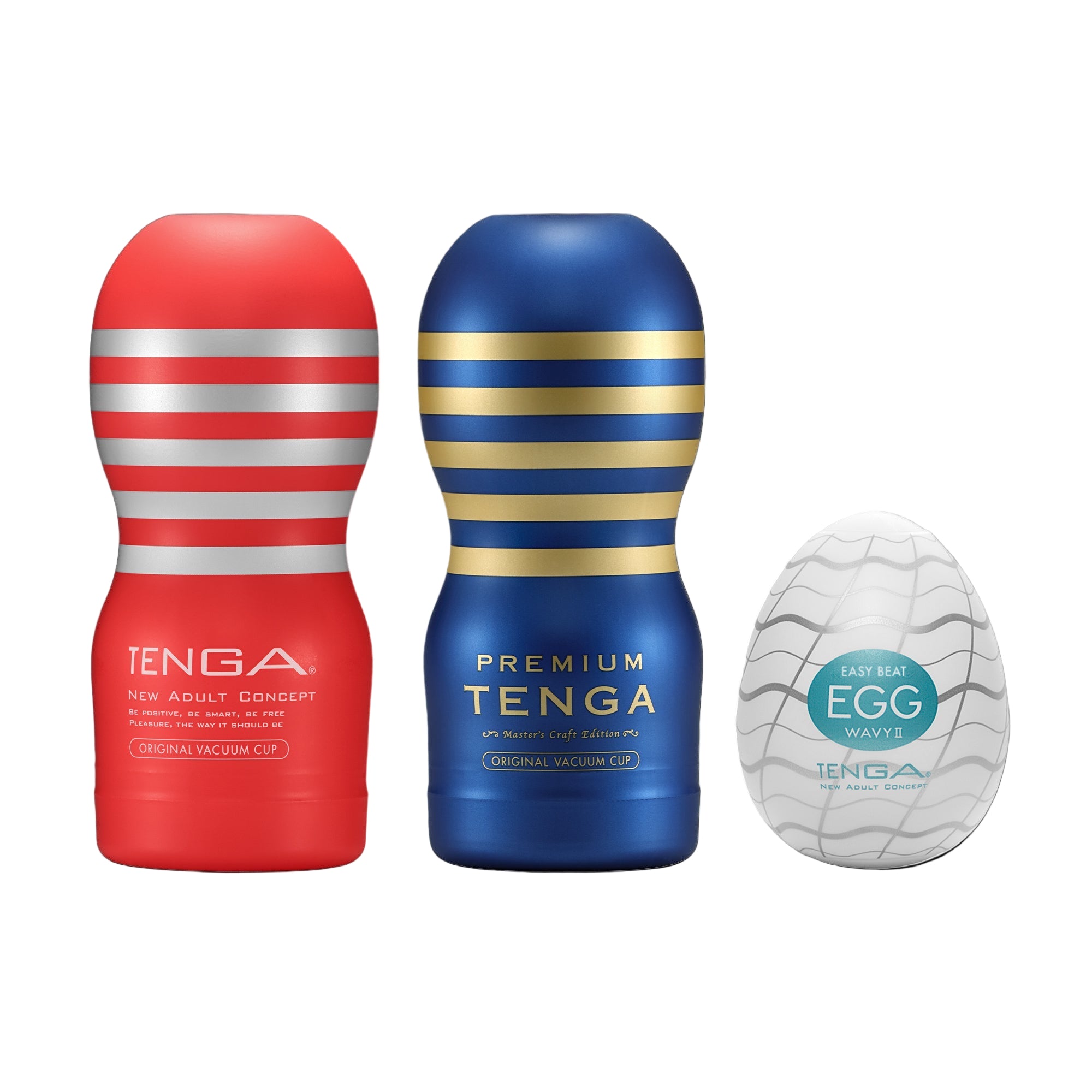The image shows three TENGA products: two cylindrical devices in red and blue with vertical stripes, and one spherical device with a rippled pattern.
