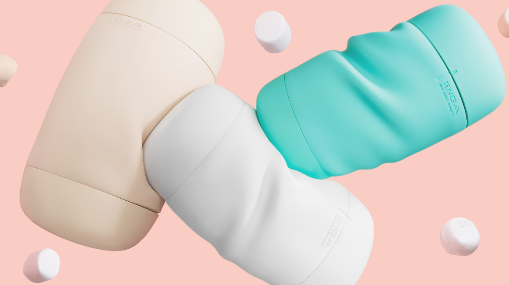 TENGA Puffy Series main visual graphic featuring marshmallows and the tagline "Sink into Pleasure"