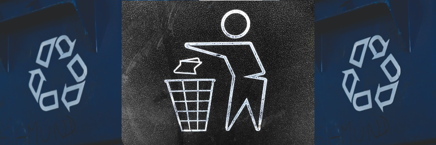 A drawing of a guy throwing  paper into a basket